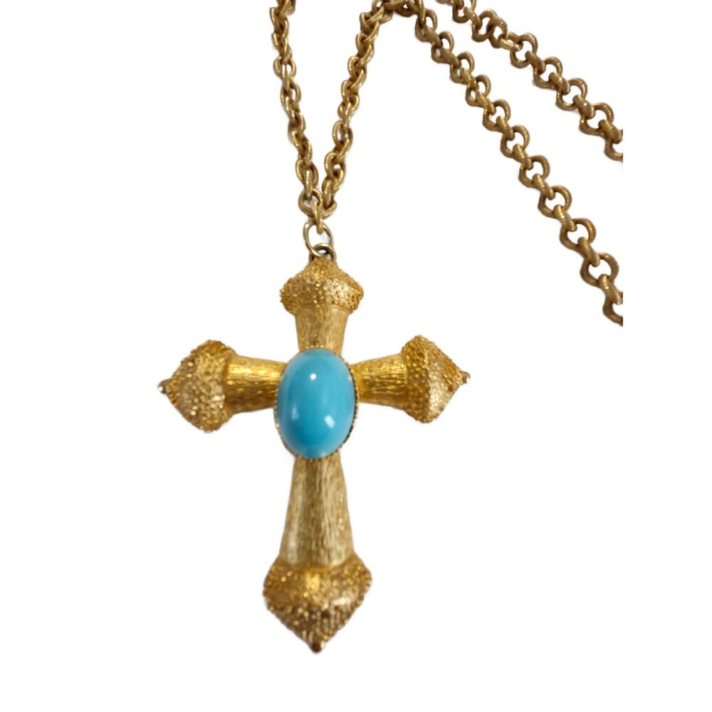 Vintage Chunky Maltese Cross Pendant Necklace: Florenza Turquoise Cross